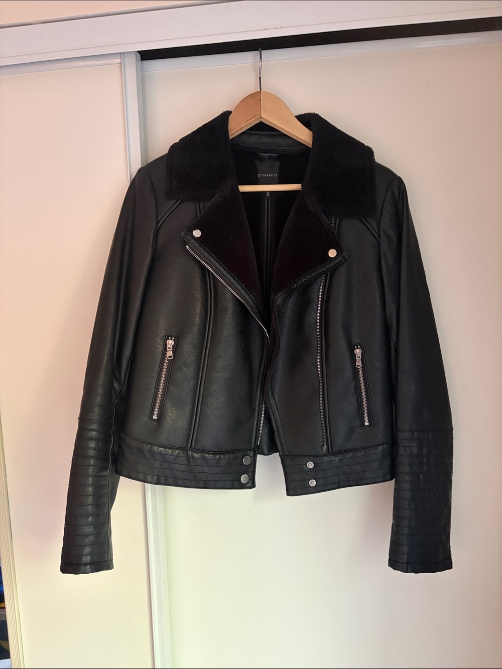 Black Faux Leather Moto Jacket with Faux Fur Collar